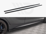 Two long, black car side skirts are displayed; below, one is attached to a sleek, dark vehicle parked on a patterned floor, enhancing the car's aerodynamic profile.