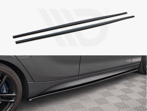 Two long, black car side skirts are displayed; below, one is attached to a sleek, dark vehicle parked on a patterned floor, enhancing the car's aerodynamic profile.