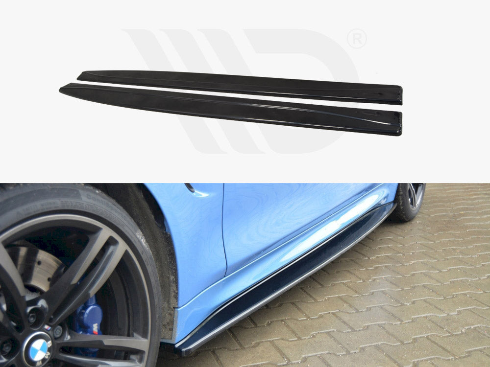 Two black car side skirts are displayed separately above a blue car with one installed, showing their fit along the vehicle's side, parked on a brick pavement.