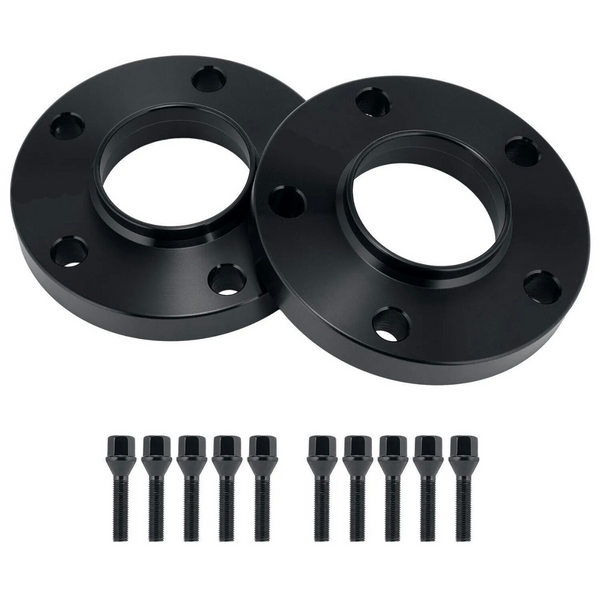 Two black circular wheel spacers with five bolt holes each, accompanied by ten matching bolts, rest on a plain white background.