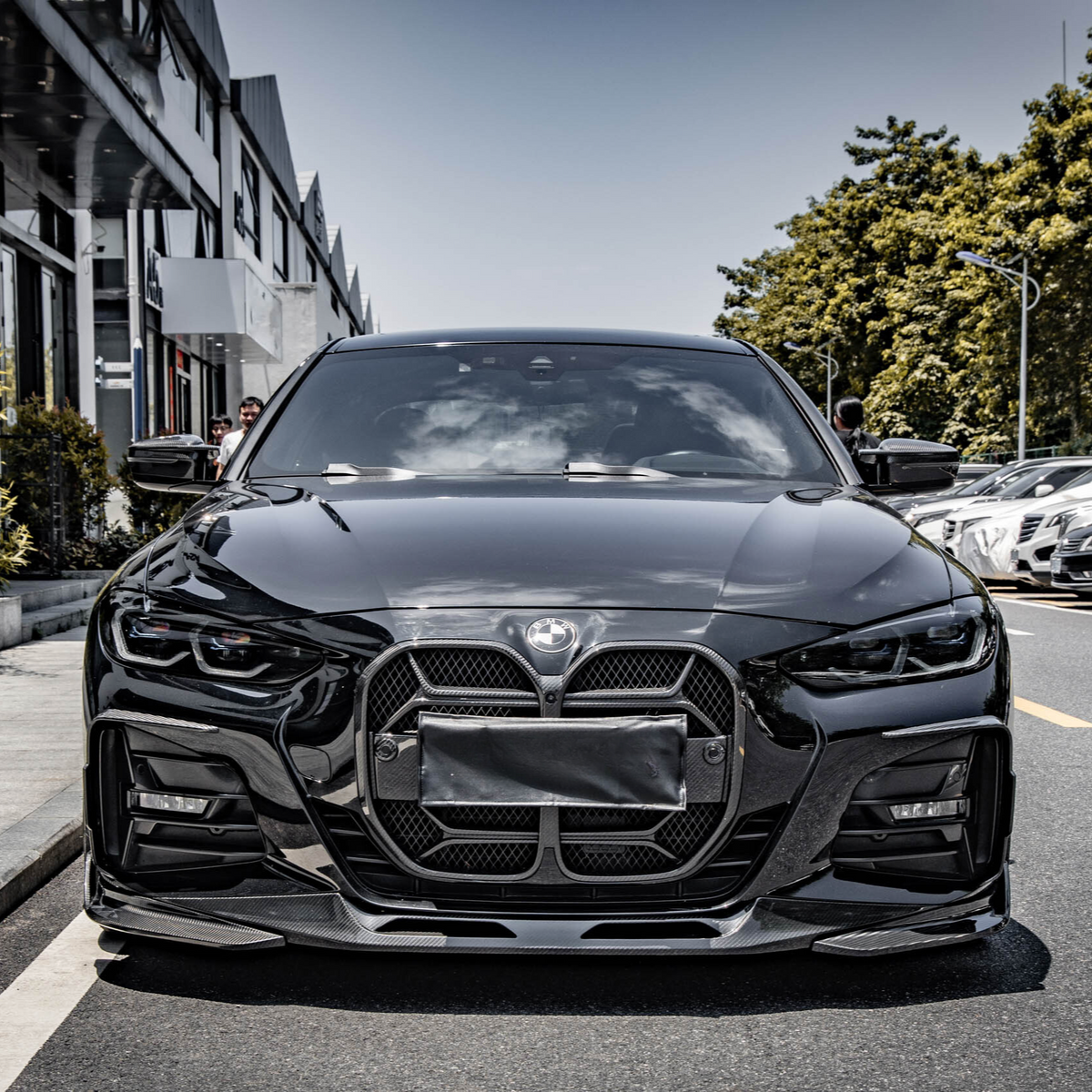 A black BMW car is parked on a street, facing forward. It features a prominent front grille and sits beside a row of buildings with trees lining the street.