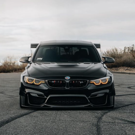 A sleek black sports car with illuminated headlights is parked on an asphalt surface, surrounded by sparse shrubs under an overcast sky. The car features a prominent front grille and a large rear spoiler.