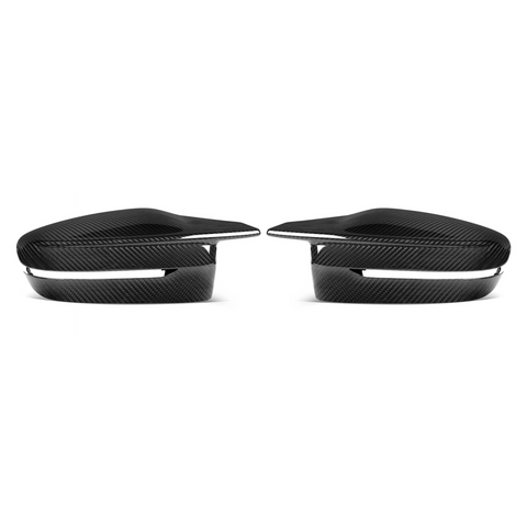 Two black carbon fiber side mirrors, facing each other. They appear sleek and aerodynamic, set against a plain white background, showcasing their glossy finish and detailed texture.