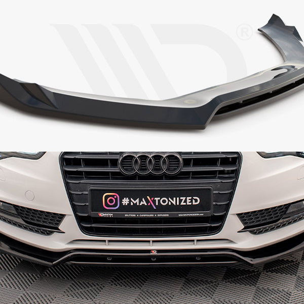 A sleek black car spoiler, designed for aerodynamic enhancement, is juxtaposed above a white car's front bumper. The car grille displays text: "#MAXTONIZED," with an Instagram icon beside it, on a checkered floor.
