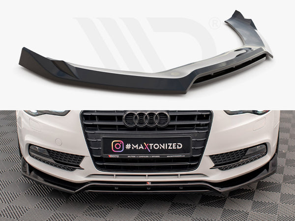 A sleek black car spoiler, designed for aerodynamic enhancement, is juxtaposed above a white car's front bumper. The car grille displays text: "#MAXTONIZED," with an Instagram icon beside it, on a checkered floor.