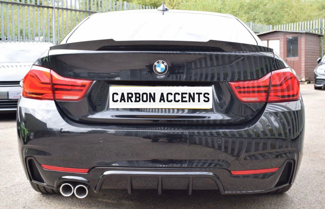 Car with dual exhaust displays "CARBON ACCENTS" on the license plate; parked on a paved surface with metal fencing and greenery in the background.