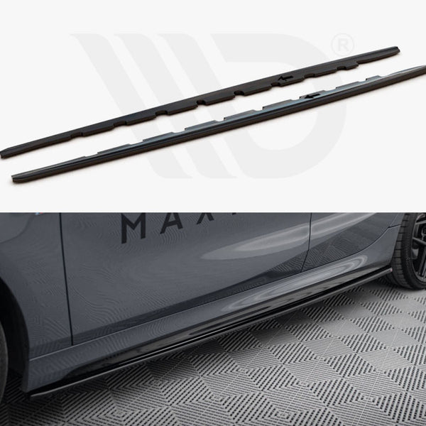 Two black side skirts lie on a white background; below, one is installed on a sleek, grey car parked on a patterned surface, partially revealing black wheels. "MAX" is visible on the car.