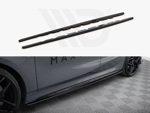 Two black side skirts lie on a white background; below, one is installed on a sleek, grey car parked on a patterned surface, partially revealing black wheels. "MAX" is visible on the car.