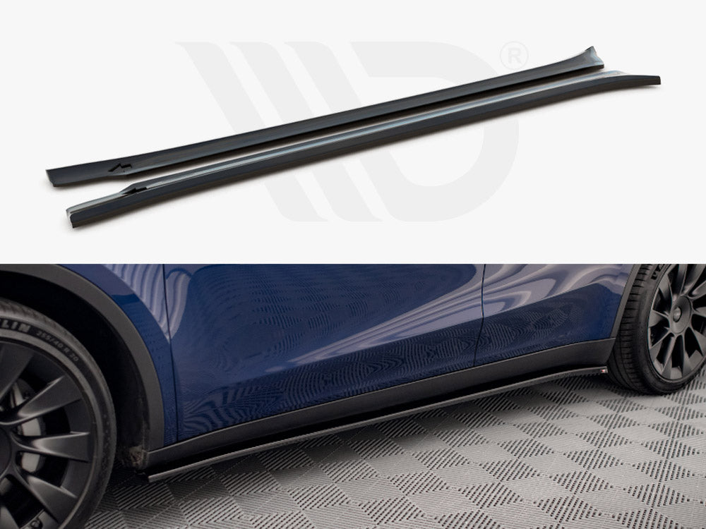 Two black side skirts are displayed above a blue car fitted with similar skirts, on a checkered floor. The setting emphasizes automotive accessories and installation.