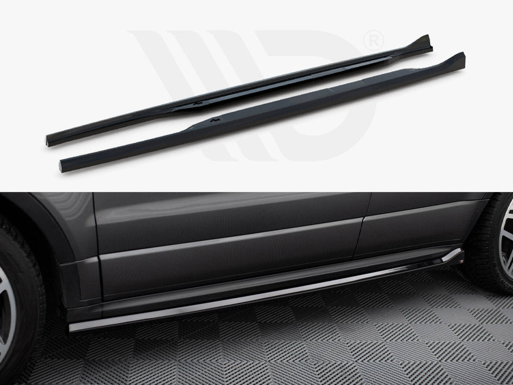 Two black side skirts displayed, intended for a vehicle, placed on a white background. Below, a side view of a parked SUV on patterned flooring shows skirts attached along the vehicle's side.