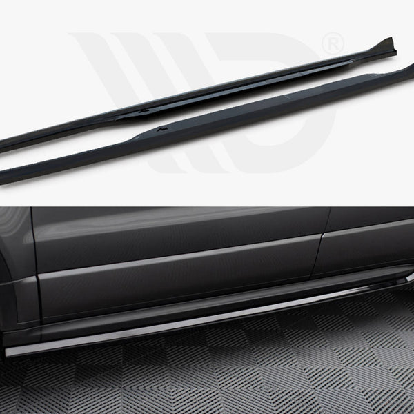 Two black side skirts displayed, intended for a vehicle, placed on a white background. Below, a side view of a parked SUV on patterned flooring shows skirts attached along the vehicle's side.
