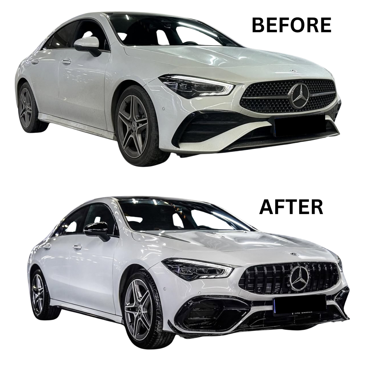 A white Mercedes sedan, shown in two stages labeled "BEFORE" and "AFTER," featuring subtle design changes in the front grille and bumper in a well-lit, indoor setting.