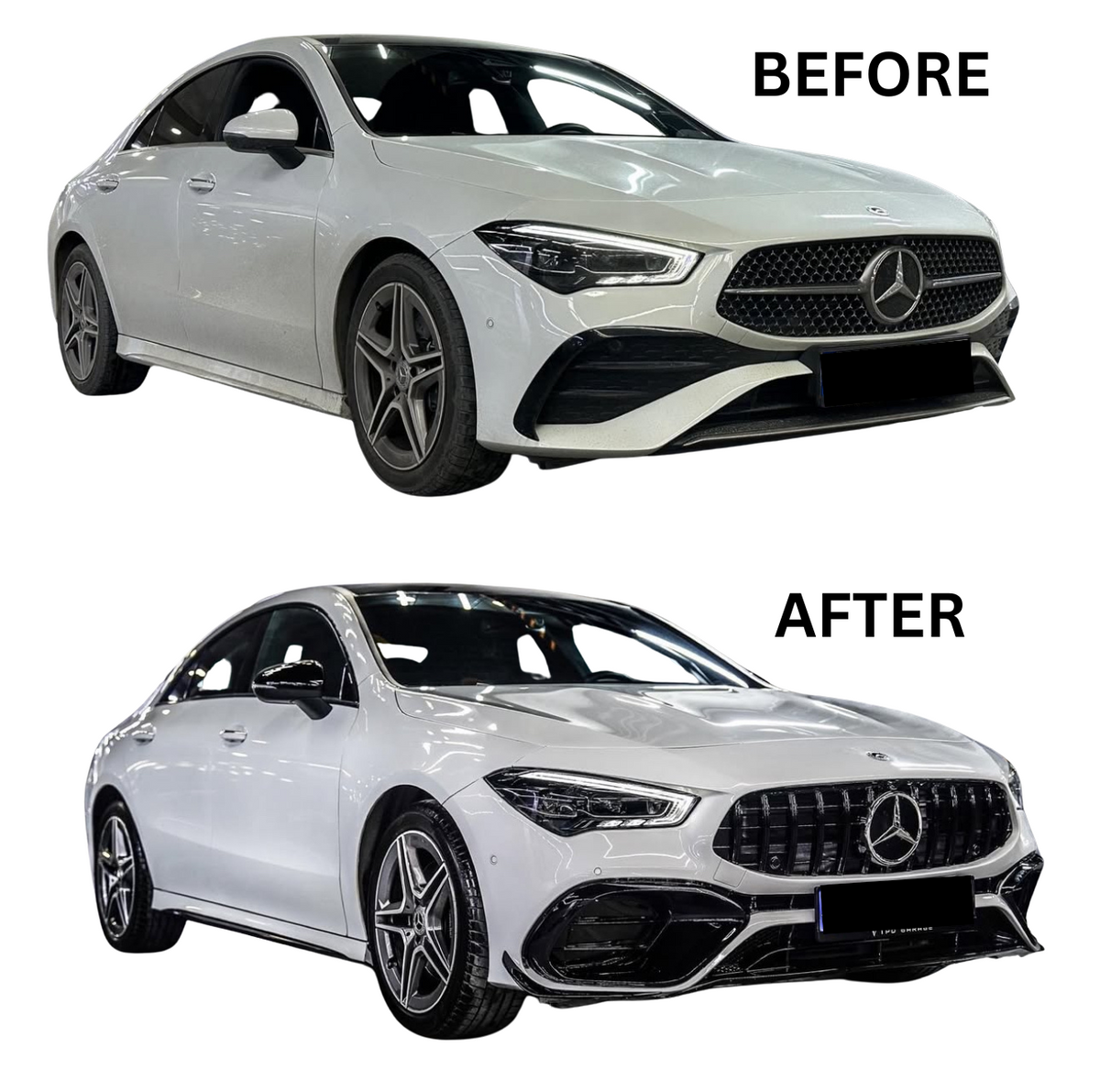 A white Mercedes sedan, shown in two stages labeled "BEFORE" and "AFTER," featuring subtle design changes in the front grille and bumper in a well-lit, indoor setting.