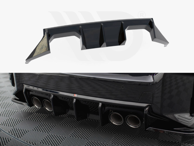 A car rear diffuser with aerodynamic fins is positioned above. Below, it's installed on a vehicle's rear bumper, featuring four exhaust pipes. The vehicle rests on a checkered floor.
