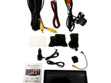 A variety of car electronics accessories, including cords, mounts, and a display screen, are arranged on a white surface. 
 
 Text: 