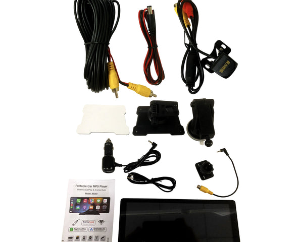 A variety of car electronics accessories, including cords, mounts, and a display screen, are arranged on a white surface. 
 
 Text: "Portable Car MP5 Player" and "Wireless CarPlay & Android Auto, Model: 8350AX, Apple CarPlay, Android Auto, MetroLinq."