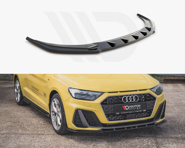 Spoiler: A black, angular car spoiler with triangular cutouts is displayed. It is installed on a yellow car with a hexagonal grille parked on a concrete surface. "MAXTON" branding visible.