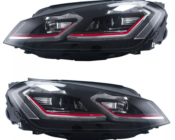 Two black vehicle headlights, each featuring sleek LED designs with red accents, are shown against a white background.
