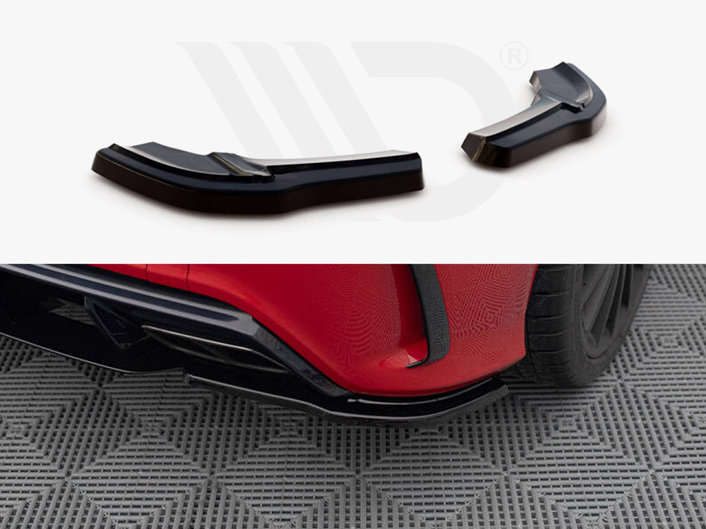 Car splitters displayed; top shows two separate, black splitters on white background, bottom features a black splitter attached to a red car, near the rear wheel on a textured mat.
