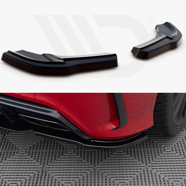 Car splitters displayed; top shows two separate, black splitters on white background, bottom features a black splitter attached to a red car, near the rear wheel on a textured mat.