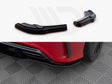 Car splitters displayed; top shows two separate, black splitters on white background, bottom features a black splitter attached to a red car, near the rear wheel on a textured mat.