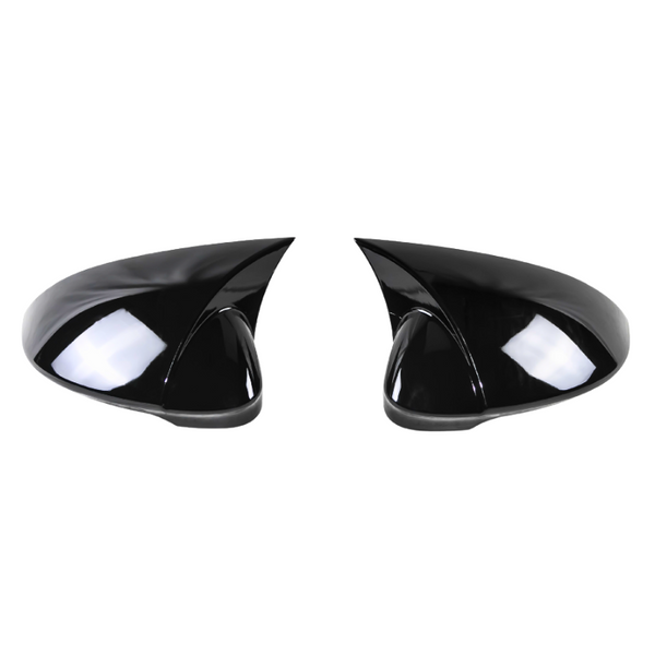 Two black, glossy side mirrors with aerodynamic design sit facing each other against a plain white background, reflecting light and showing smooth surface contours.