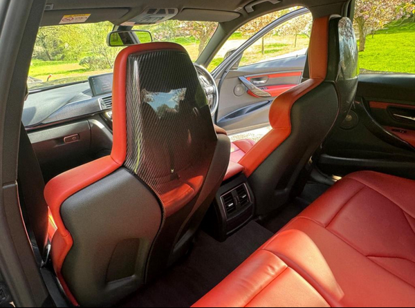 Car interior with red leather seats and open passenger door; carbon fiber backrests enhance modern design. Green park scenery is visible through windows, adding a fresh, natural backdrop.