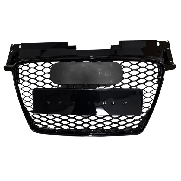 A black honeycomb car grille, featuring two mounting plates, is centrally positioned against a plain white background, displaying no additional text or surrounding elements.