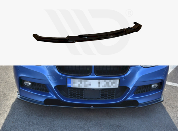 A black front lip spoiler is shown in a manufacturer's display above, then installed on a blue car's front bumper, enhancing aerodynamics while parked on asphalt.