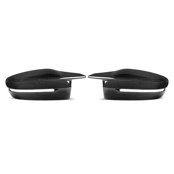 Two sleek, black carbon fiber car side mirrors are positioned symmetrically on a white background, emphasizing their glossy texture and aerodynamic design.