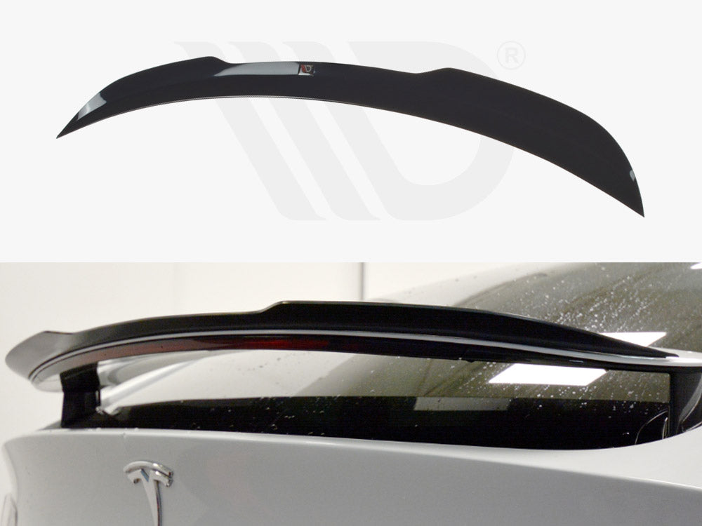 A black car spoiler is mounted on the rear of a white vehicle, enhancing aerodynamics. The upper image shows the standalone spoiler on a white background with a logo.