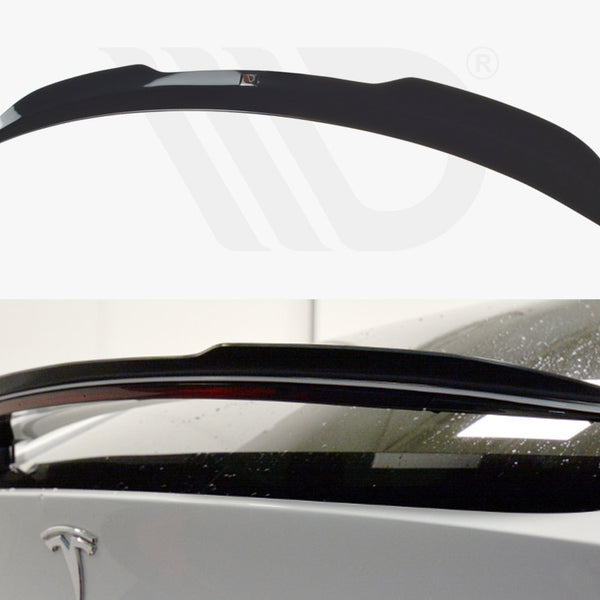 A black car spoiler is mounted on the rear of a white vehicle, enhancing aerodynamics. The upper image shows the standalone spoiler on a white background with a logo.