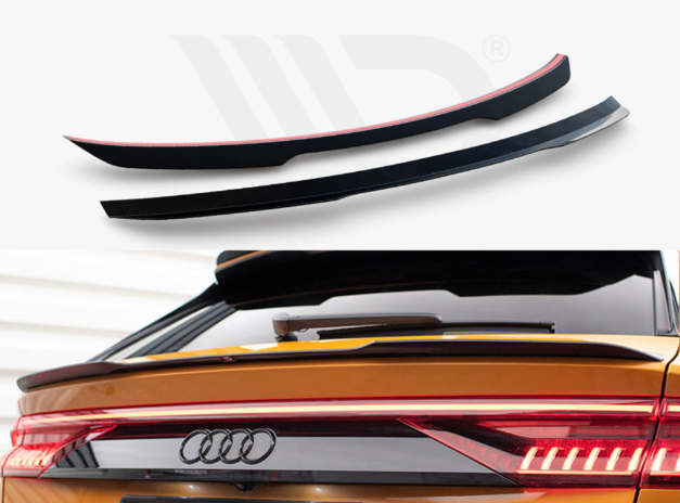 Two black car spoilers are displayed on a white background, above an image of a rear car trunk with a metallic logo, red taillights, and an attached spoiler.