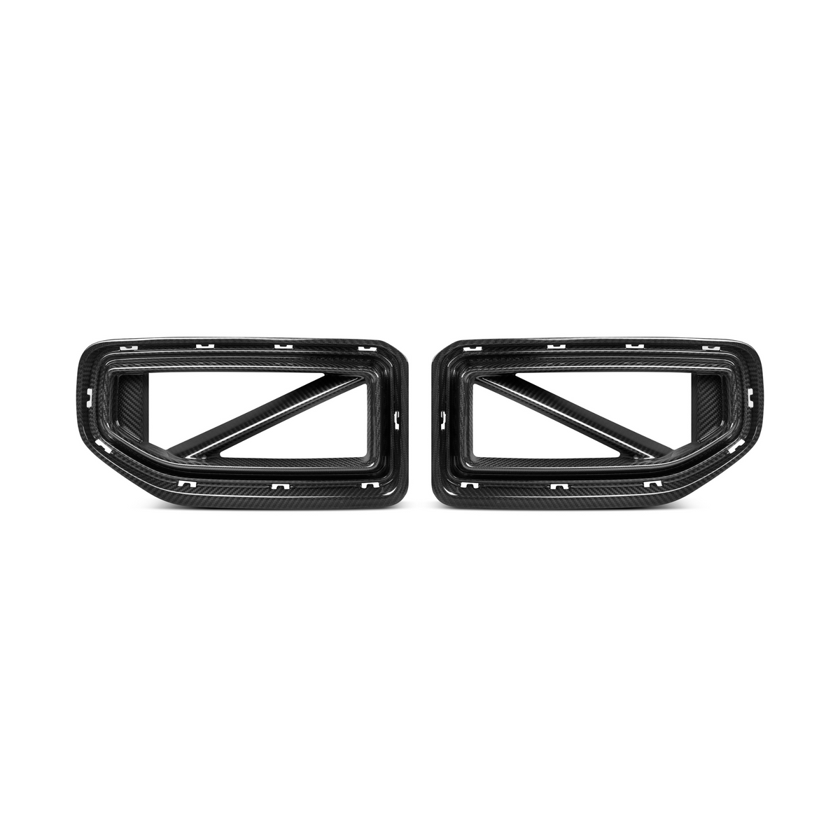 Two carbon fiber car exhaust trim pieces, designed with rectangular frames and diagonal supports, are positioned side by side against a plain white background.