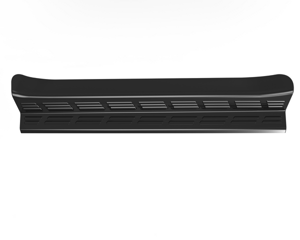 A long, black, rectangular automotive running board with a textured surface and slotted design sits against a plain white background.