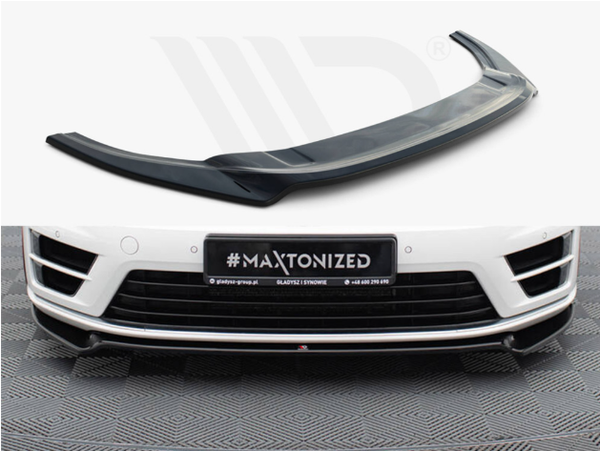 A black car front spoiler rests above a white car's front bumper with a black grille. The license plate reads "#MAXTONIZED," and contact details are visible beneath it.