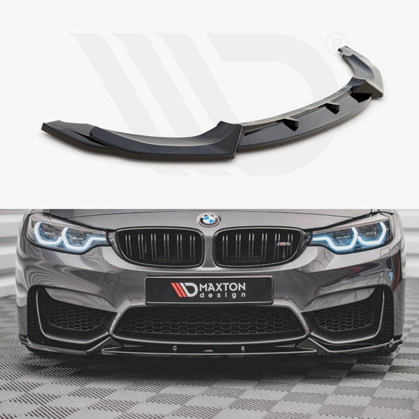 A black car front splitter, shaped for aerodynamics, is displayed above a grey sports car with bright headlights. The background shows a garage. Text: "MAXTON design."