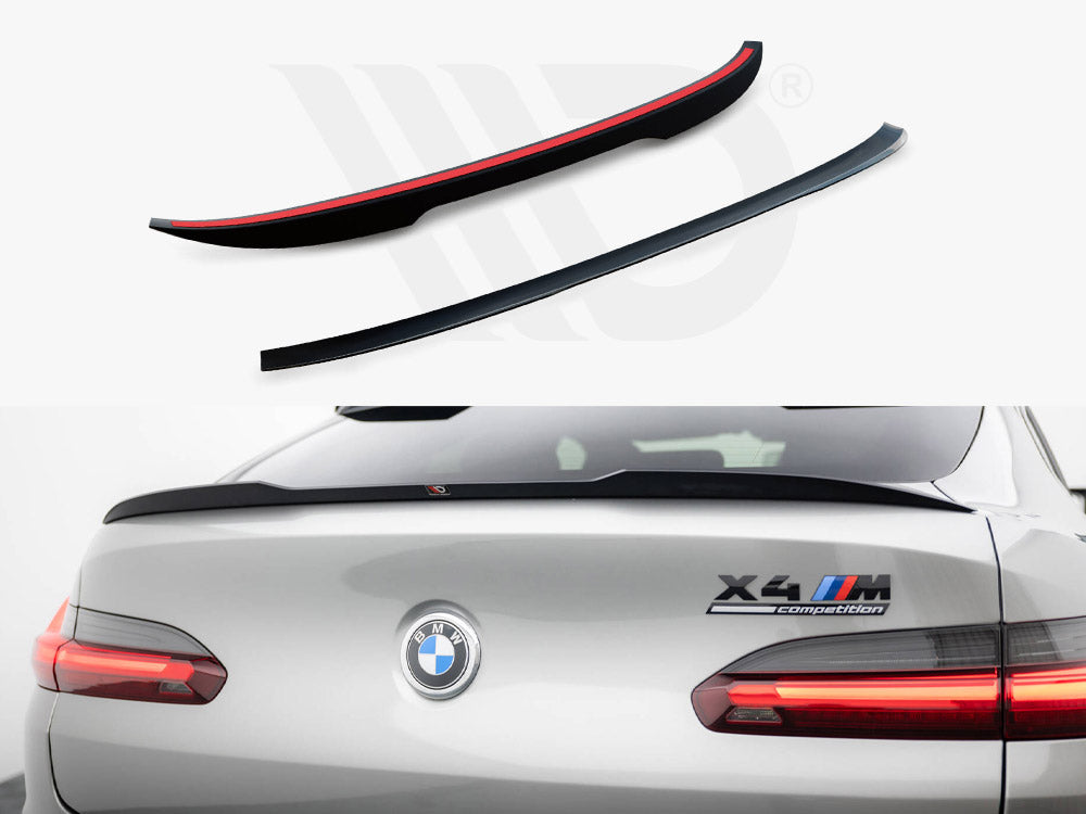 Two aerodynamic car spoilers, one black with a red accent, are shown. Below, a rear view of a gray BMW X4 M Competition features a black spoiler above the taillights and BMW emblem.