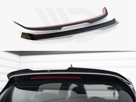 Two car spoilers are shown, one in close-up with a reflective red strip. Below, the spoiler is installed on a car's rear window, suggesting aerodynamics in a garage setting.