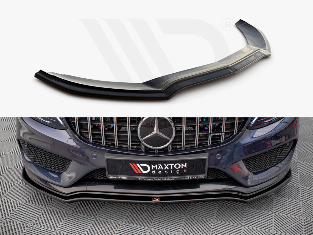 A black car front splitter rests on a white surface. Below, it is installed on a dark grey car with a Mercedes emblem, parked on a patterned floor. Text: "MAXTON design."