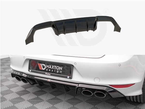 A black car diffuser is shown above a car's rear bumper featuring quad exhaust pipes on a checkered surface. The license plate reads "MAXTON design Plichta."
