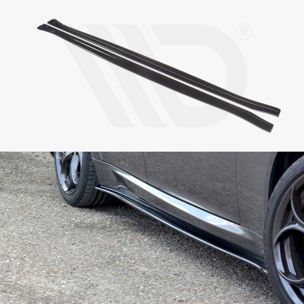 Black side skirts are displayed at the top, while below, a black car with red brake calipers is parked on gravel, showcasing the side skirt fitted along the vehicle's lower edge.