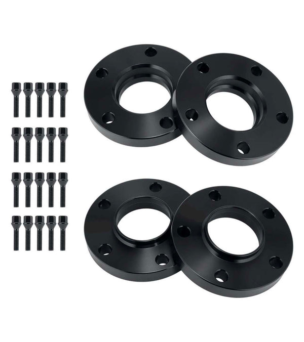 Four black circular wheel spacers are arranged with 20 accompanying bolts, placed on a white background. Each spacer has five evenly spaced holes around the center.