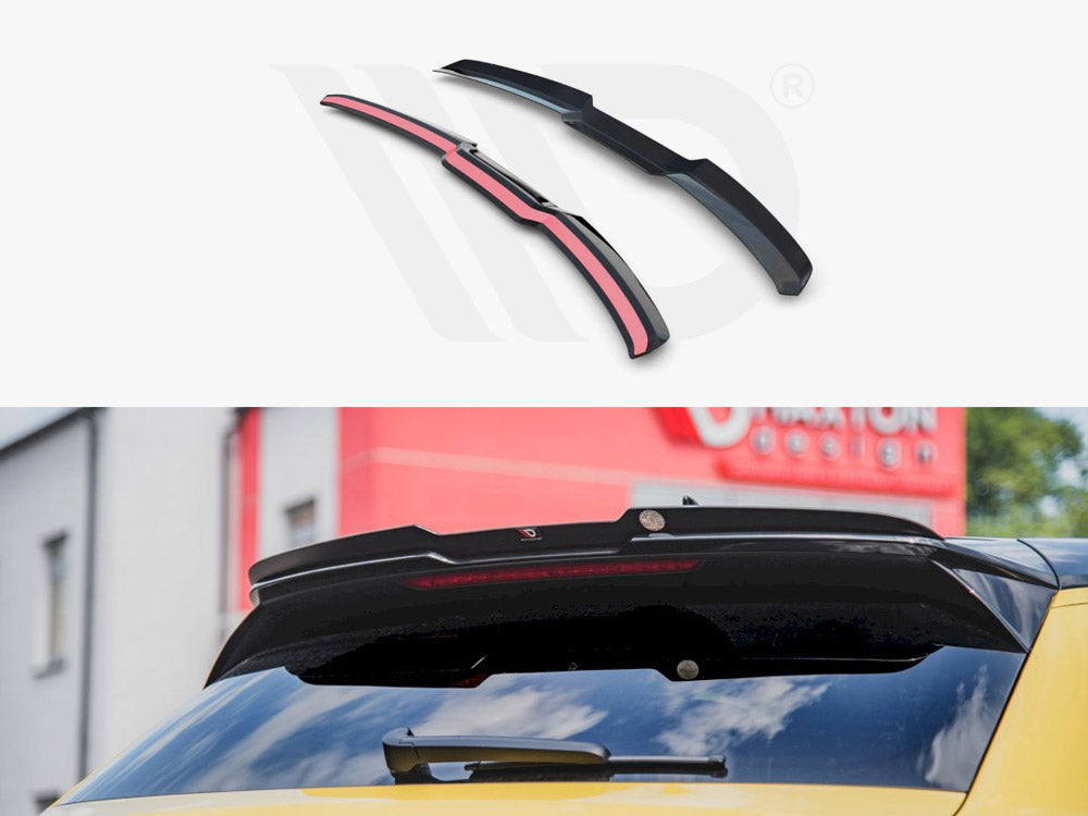 Car roof spoiler components displayed above and installed on a yellow vehicle's rear window. The background shows a building with a "Maxton Design" sign, partially visible.