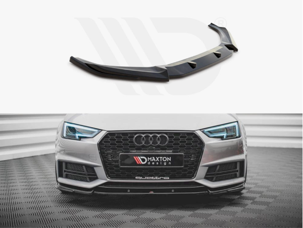 A black front bumper lip spoiler is shown separately above a silver Audi car with LED headlights parked in a patterned garage. Visible texts are "MAXTON design" on the license plate area and "quattro" below.