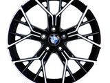 A black alloy wheel with intricate silver spokes and a central BMW logo, resting against a white background.