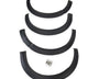 Four black plastic fender flares arranged vertically, each slightly curved, with a small bag of screws below, placed against a plain white background.
