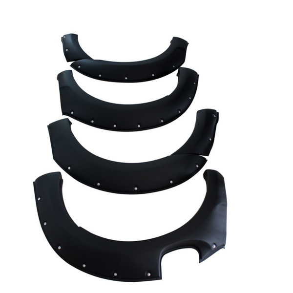 Four black fender flares, lined with rivets, are arranged in descending size order on a plain white background.