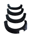Four black fender flares, lined with rivets, are arranged in descending size order on a plain white background.