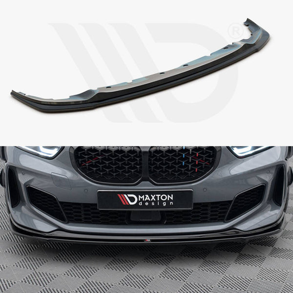 A black car front splitter is shown separately and attached to a gray car, enhancing the bumper's aerodynamics. The background features a checkered floor. Text reads "MAXTON design."